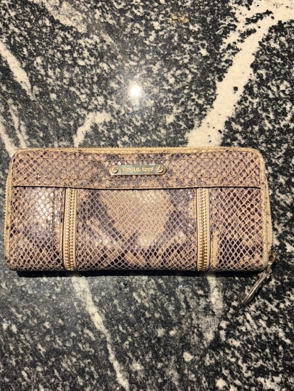 Michael Kors Moxley Python Embossed Leather Wallet with gold tone zips